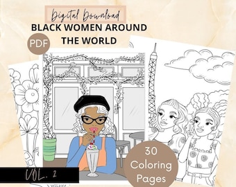 Printable Worldly Black Women Coloring Pages | Beautiful Black Women Travel | Digital Coloring Book Download | For Adults & Children | PDF