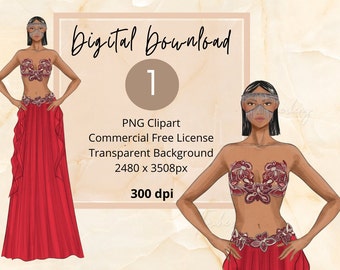 Belly Dancer in Red Outfit, Woman of Color Fashion Stickers,  Fashion Planner Sticker Illustration, Belly Dancing Fashion PNG