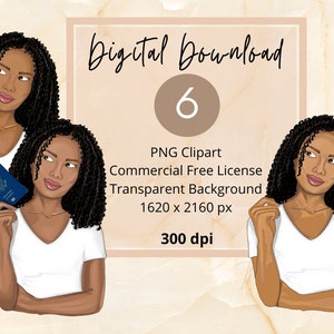 Clipart paszportu czarnej kobiety|PNG|Naklejki cyfrowe|Czarna kobieta Clipart|Ilustracja mody|Bloger podróżniczy|do użytku osobistego i komercyjnego|
