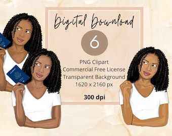 Black Woman Passport ClipArt|PNG|Digital Stickers|Black Woman Clipart|Fashion Illustration|Travel Blogger|for Personal and Commercial Use|