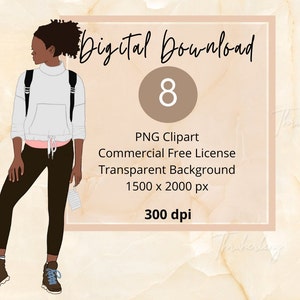 Clipart z czarną kobietą-wędrowcem|PNG|Naklejki cyfrowe|Czarna kobieta Clipart|Ilustracja mody|Bloger podróżniczy|do użytku osobistego i komercyjnego|