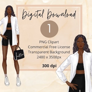Bella donna nera/ragazza nera ClipArt/adesivi digitali donna nera/illustrazione dell'autoadesivo del pianificatore di moda/afroamericano moda PNG