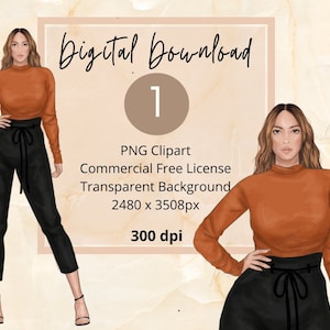 Kobieta w kolorze ClipArt|PNG|Naklejki cyfrowe|Czarna kobieta Clipart|Ilustracja mody|Bloger podróżniczy|do użytku osobistego i komercyjnego|