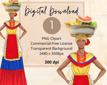 Columbian Fruit Lady, Palenqueras woman ClipArt, Latina Woman Fashion Stickers, Fashion Planner Sticker Illustration, Latina Fashion PNG