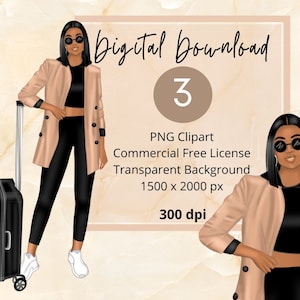 Clipart z podróżą: Czarna kobieta|PNG|Naklejki cyfrowe|Czarna kobieta Clipart|Ilustracja mody|Bloger podróżniczy|do użytku osobistego i komercyjnego|