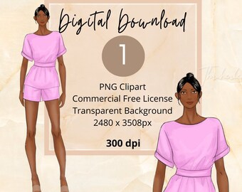 Beautiful Black Woman |Pretty in Pink ClipArt|PNG|Digital Stickers|Fashion Illustration|Travel Blogger|for Personal and Commercial Use|