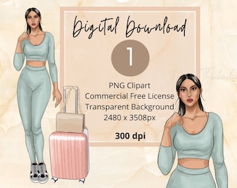 Leggings And Crop Top | Black Woman Travel ClipArt|PNG|Digital Stickers|Fashion Illustration|Travel Blogger|for Personal and Commercial Use|