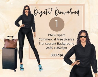 All-Black Woman carryon |Travel Airport ClipArt|PNG|Digital Stickers|Fashion Illustration|Travel Blogger|for Personal and Commercial Use|