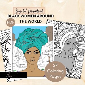 Desenhos para colorir de mulheres negras para impressão | Lindas mulheres negras viajam | Baixar livro de colorir digital | Para adultos e crianças | PDF