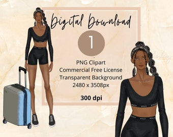 Spandex Black Woman |Travel Airport ClipArt|PNG|Digital Stickers|Fashion Illustration|Travel Blogger|for Personal and Commercial Use|