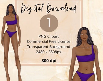 Purple Grape Swimsuit, Black Woman Swim Fashion Stickers,  Fashion Planner Sticker Illustration, African American Fashion PNG