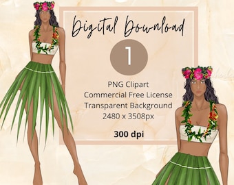 Hawaiian Hula Dancer, Polynesian Girl ClipArt, Hawaiian Woman Fashion Stickers| Fashion Planner Sticker Illustration, Hawaii Fashion PNG