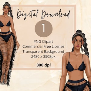 Curvy Black Bikini Coverup Fringe, Black Woman Swim Fashion Stickers, Fashion Planner Sticker Illustration, African American Fashion PNG