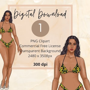 May include: Digital download of a woman in a sunflower bikini. The illustration includes a full body image and a close-up. The text includes "Digital Download", "PNG Clipart", and "Commercial Free License".