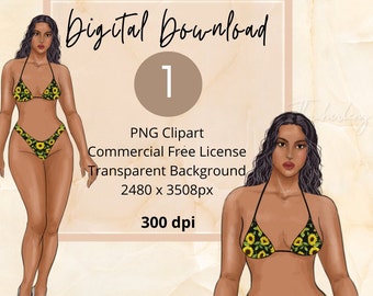 Curvy Floral Daisy String Bikini, Black Woman Swim Fashion Stickers,  Fashion Planner Sticker Illustration, African American Fashion PNG