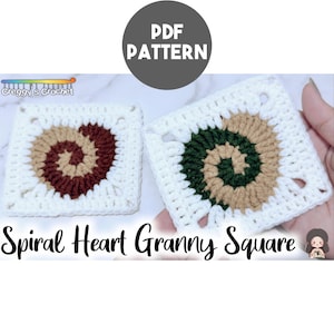 Op de afbeelding: Twee vierkante haakmotieven met een spiraalvormig hartontwerp. Het ene vierkant heeft een bruine en beige spiraal, het andere een donkergroene en beige spiraal, beide omrand met wit garen. De tekst luidt PDF PATTERN en Spiral Heart Granny Square.