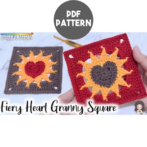 May include: Two square crochet motifs featuring a central heart surrounded by sun-like rays. One motif has a red heart, orange rays, and a brown border. The other has a brown heart, orange rays, and a red border. Text reads PDF PATTERN and Fiery Heart Granny Square.