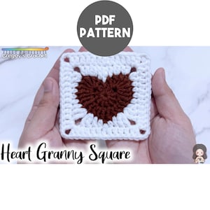 May include: A square crochet motif featuring a dark brown heart centered within a white border. The text PDF PATTERN appears in a grey circle above, and the text Heart Granny Square is printed below the crochet piece with a small logo.