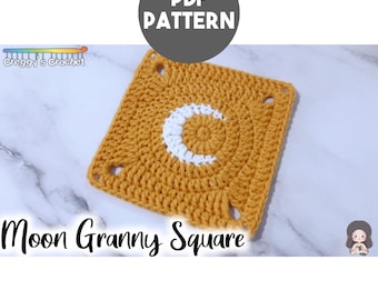 May include: A square crochet motif in mustard yellow yarn featuring a white crescent moon design in the center. The text PDF PATTERN appears in a dark gray circle above, and the text Moon Granny Square is printed at the bottom of the image.