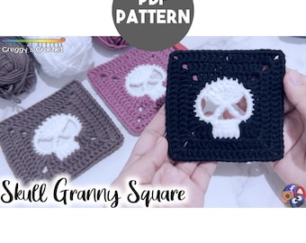 May include: Three crocheted granny squares featuring a white skull motif centered on a solid background. The squares are black, dusty rose, and brown. The text PDF PATTERN, Creggy's Crochet, and Skull Granny Square are visible on the image.
