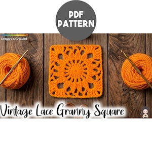 Puede incluir: Un cuadrado de ganchillo granny square de color naranja brillante con un centro floral circular y detalles de encaje abierto. Dos ovillos de lana naranja a juego con ganchillos dorados se sitúan a ambos lados. El texto dice PDF PATTERN y Vintage Lace Granny Square.
