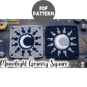 May include: Two square crochet motifs featuring a central crescent moon surrounded by sun rays. One square is light grey with dark blue details, and the other is dark blue with light grey and white details. Text reads PDF PATTERN and Moonlight Granny Square.