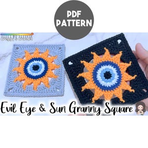 Puede incluir: Dos cuadrados de ganchillo con un diseño central de ojo turco rodeado de rayos de sol naranjas. Un cuadrado tiene un borde gris claro y el otro un borde negro. El texto PDF PATTERN y Evil Eye & Sun Granny Square es visible.