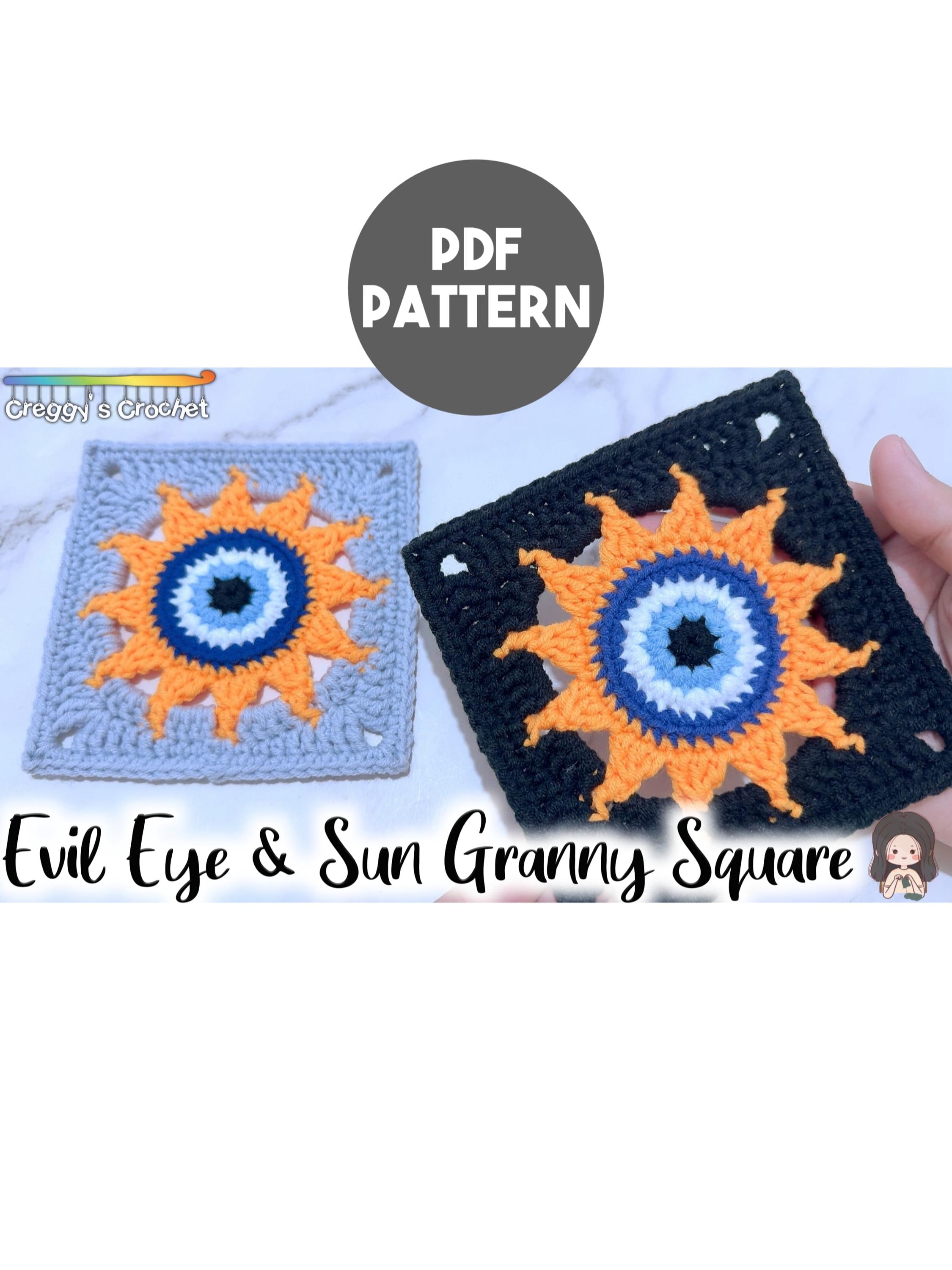 19 Evil Eye Crochet Patterns: Coasters, Squares and Home Decor 10 Crochet Evil Eye & Sun Granny Square