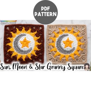 May include: A PDF pattern for a Sun, Moon & Star Granny Square featuring two crocheted squares. One square has a dark brown border, the other a beige border. Both display a central orange star, a grey crescent moon, and yellow sun rays.