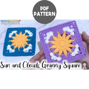 Puede incluir: Dos cuadrados de ganchillo con un sol amarillo central rodeado de nubes blancas. Un cuadrado tiene un borde azul y el otro un borde morado. La imagen incluye el texto PDF PATTERN, Creggy's Crochet y Sun and Clouds Granny Square.