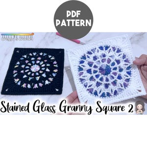 May include: Two square crochet motifs featuring a circular stained glass window design. One motif is worked in black yarn with multicolored accents, while the other is in white yarn with blue and purple accents. Text reads PDF PATTERN and Stained Glass Granny Square 2.
