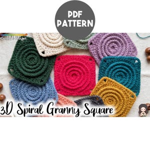 May include: A collection of crocheted squares featuring a raised 3D spiral design in various colors including dark green, cream, light blue, bright pink, purple, teal, and mustard yellow. The text PDF PATTERN and 3D Spiral Granny Square are visible.