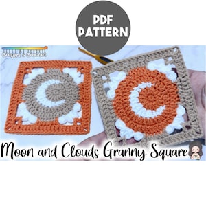 May include: Two crochet granny squares with a moon and clouds design. The square on the left is orange with a brown moon and white clouds. The square on the right is brown with an orange moon and white clouds. The text "Moon and Clouds Granny Square" is below the squares.