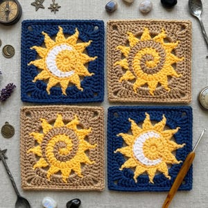 Paquete Celestial de Ganchillo: Sol y Luna + Sol Espiral (Paquete 2 en 1) / Patrón en PDF