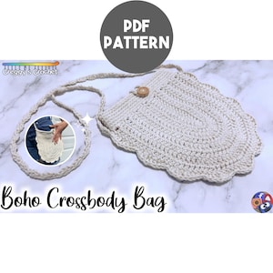May include: A cream-colored crochet crossbody bag with a scalloped edge and a single wooden button closure. The bag features a long strap and is presented as a PDF pattern. The text "PDF PATTERN" and "Boho Crossbody Bag" appear on the image.