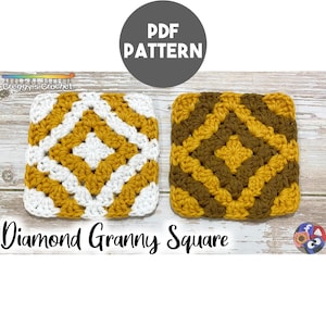 Puede incluir: Dos motivos cuadrados de ganchillo con un patrón de diamantes. Un cuadrado está hecho con hilo amarillo mostaza y blanco, mientras que el otro usa hilo amarillo mostaza y marrón oscuro. El texto PDF PATTERN y Diamond Granny Square es visible.