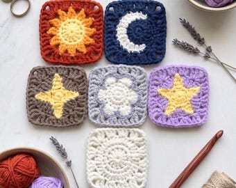 Easy Crochet Celestial Granny Squares: Sun, Moon, Star, Sparkle, Cloud & Plain | PDF Pattern (6-in-1)