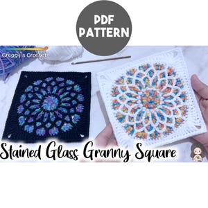 May include: Two square crochet motifs featuring a circular stained glass design. One square has a black border with multicoloured yarn centres, while the other has a white border with multicoloured centres. Text reads PDF PATTERN and Stained Glass Granny Square.
