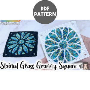 May include: Two square crochet motifs featuring a circular floral pattern in variegated blue, green, and yellow yarn. One square has a black border, and the other has a white border. The text reads PDF PATTERN and Stained Glass Granny Square 4.