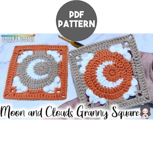 May include: Two square crochet motifs featuring a central crescent moon and white cloud accents. One square has a tan centre with an orange border, while the other has an orange centre with a tan border. Text reads PDF PATTERN and Moon and Clouds Granny Square.