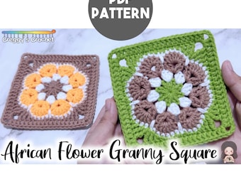 May include: Two crocheted African flower granny squares. One square features a brown border with orange and white petals. The other square has a green border with brown and white petals. The text reads PDF PATTERN and African Flower Granny Square.