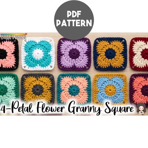 May include: A PDF pattern for a 4-Petal Flower Granny Square featuring ten crocheted squares in various color combinations, including teal, white, purple, yellow, blue, pink, and black. The text reads PDF PATTERN and 4-Petal Flower Granny Square.