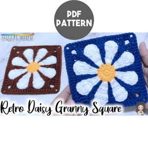 May include: PDF pattern for crocheting a retro daisy granny square. The pattern includes two colour variations: one with a brown background and a white daisy, and the other with a blue background and a white daisy.