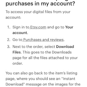 K&ouml;nnte beinhalten: Anleitung zum Auffinden digitaler K&auml;ufe auf Etsy.com. Melden Sie sich bei Ihrem Konto an, gehen Sie zu Eink&auml;ufe und Bewertungen und w&auml;hlen Sie neben der Bestellung Dateien herunterladen.