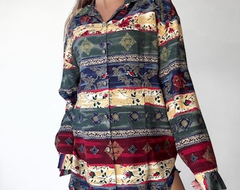 90s Vintage Womens Tops Bohemian Floral Long Sleeve Blouse ~ Size M/L