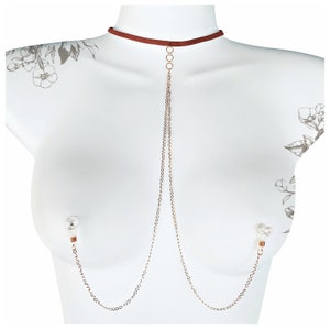 Brown Suede Necklace with Gold Chain Nipple Nooses - Non Pierced Intimate Jewelry