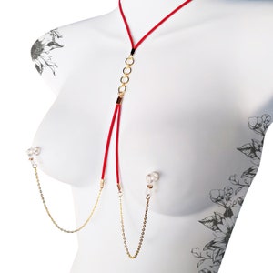 Red Suede Leather Nipple Necklace: Gold Chain, Non Pierced Nipple Rings