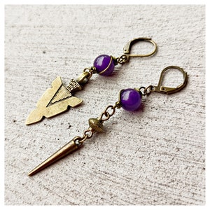 Bronze Arrow Earring with Purple Crystal Bead: Boho Hippie Style