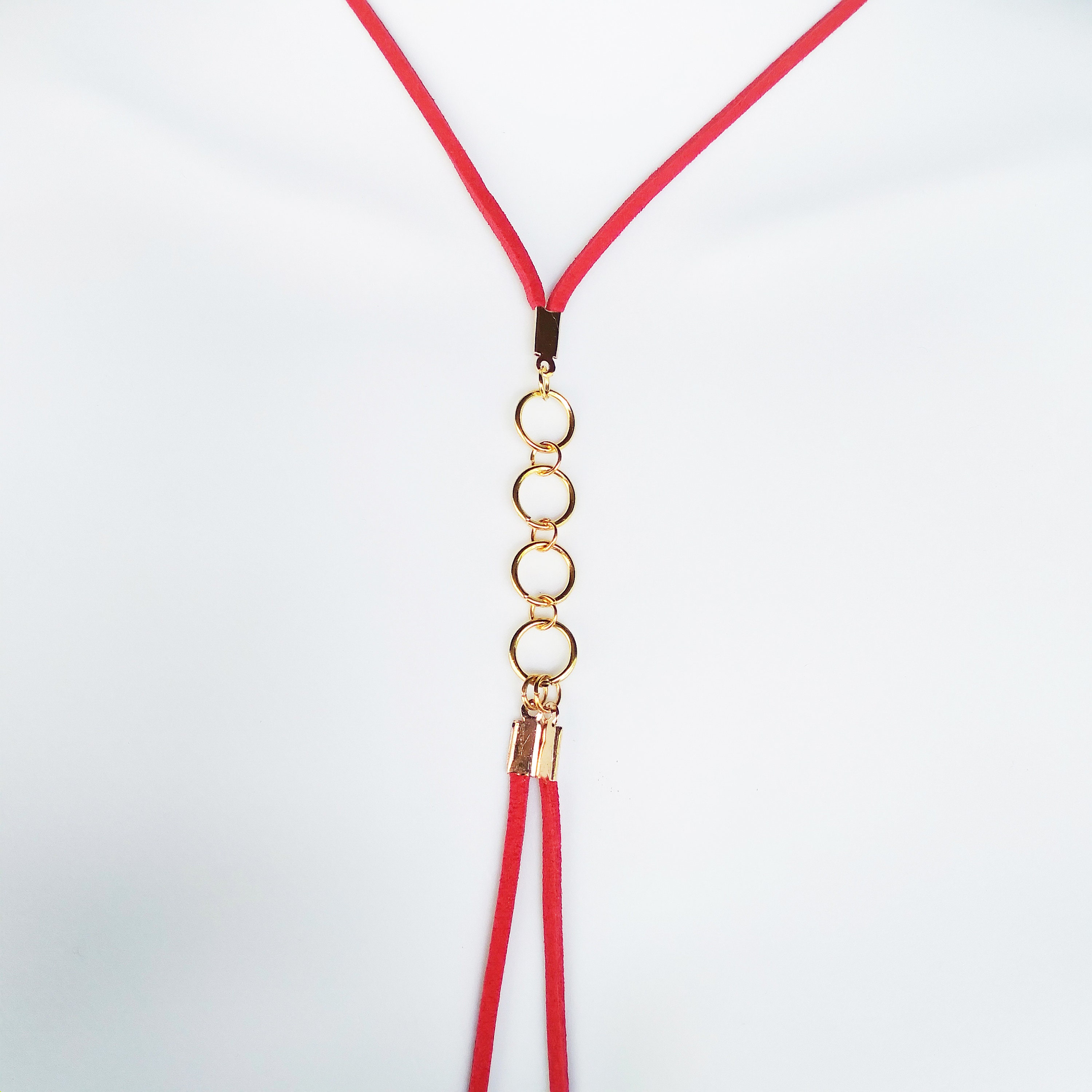 Leather Necklace to Nipple Nooses With Gold Circles Red Fake - Etsy