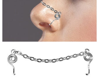 Nostril Nose Chain for Double Fake Nose Piercing - Silver Nostril Piercing - Non Pierced Fake Cuff Nose Ring - Valentine's day Gift